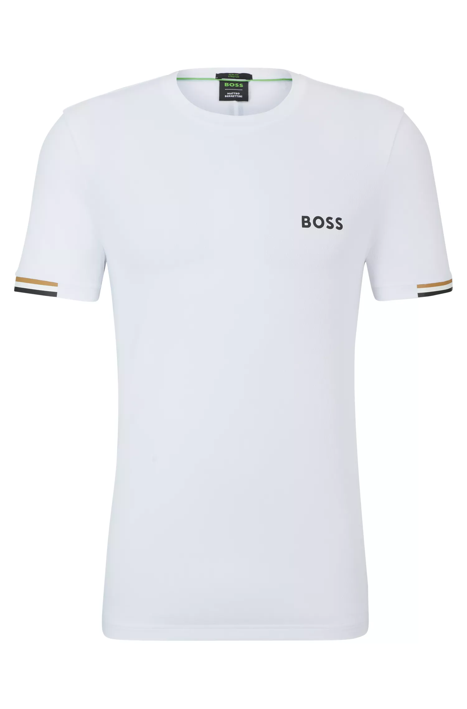 Camiseta BOSS verde em tecido waffle com estampa de listras exclusiva.