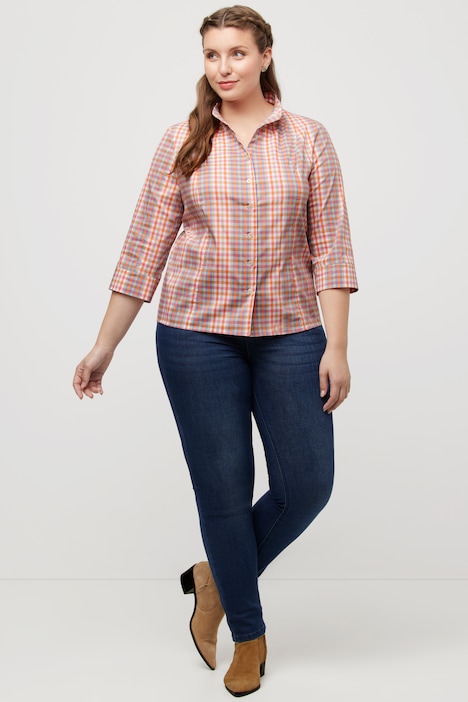 Bluse, Karo, Slim, Kelchkragen, V-Ausschnitt, 3/4-Arm