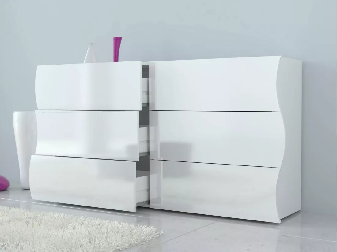 Commode Dmonz, Commode 6 tiroirs, Commode de chambre, 100% Made in Italy, Blanc brillant, 155x40h82 cm