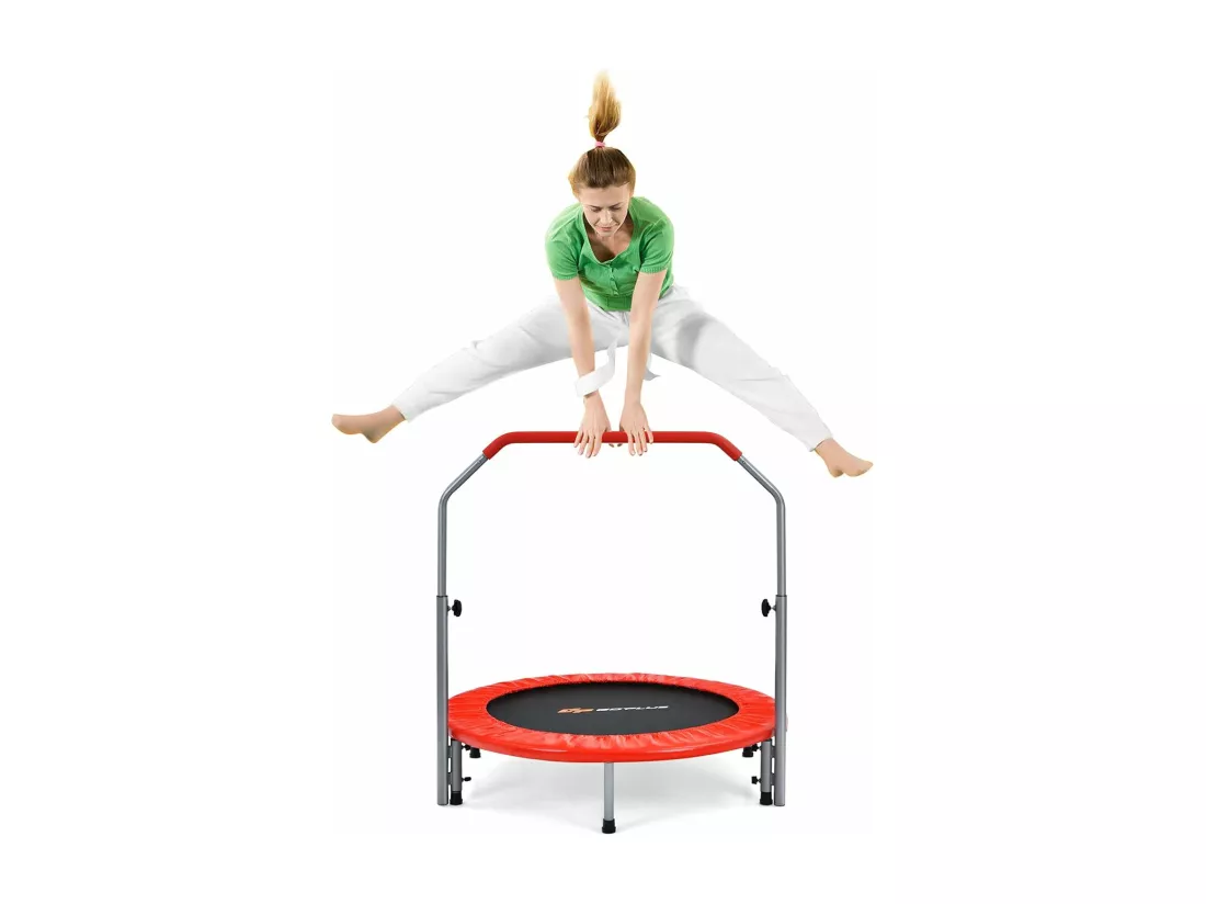 Trampoline de Fitness Pliable Ø101cm avec Poignée Réglable en Hauteur(96-112cm), Trampoline d'Intérieur avec Cadre en Acier & Housse de Protection, Charge 150kg pour Enfant Adulte