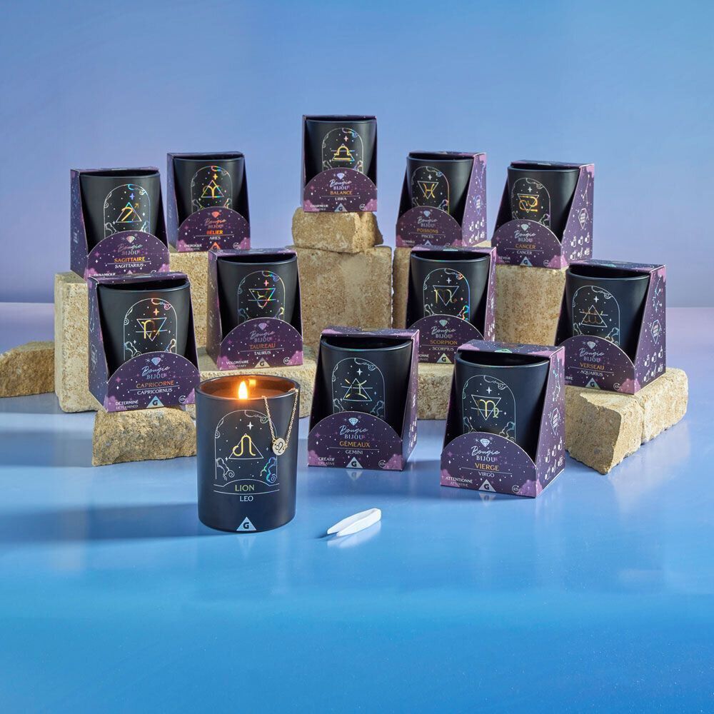 Bougie bijou doré signe astro Bélier senteur bois de santal 36H