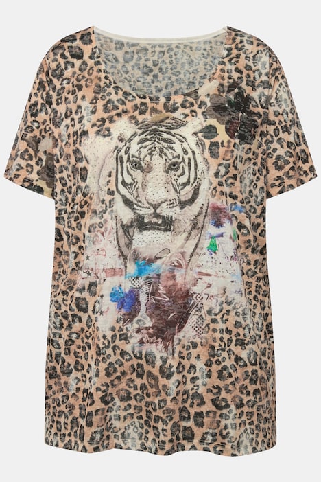 T-Shirt, Leomuster, großer Tiger-Druck, Rundhals, Halbarm
