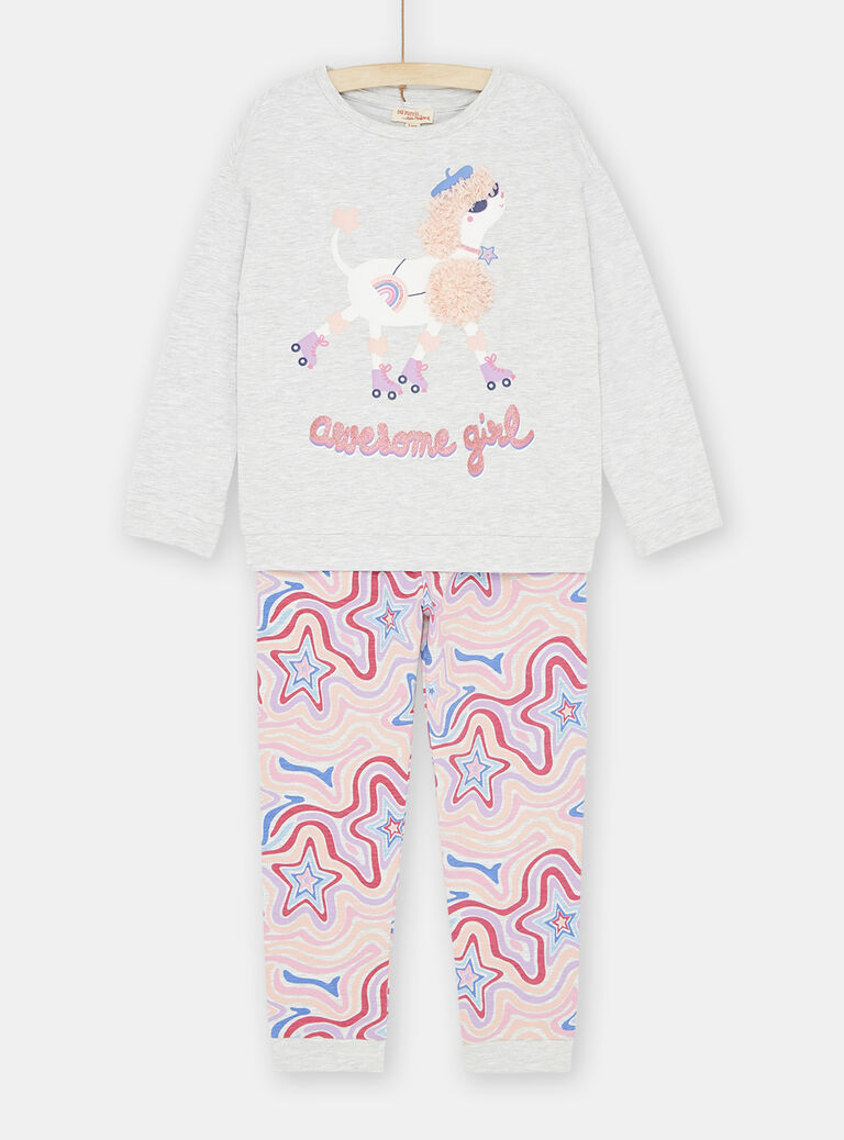 Pyjama gris chiné et rose à motifs chien sur patins à roulettes fille