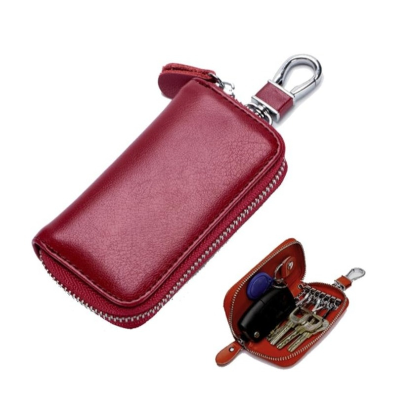 (11x6cm) Echtleder Keyless Go Autoschlüssel Aufbewahrung Schlüssel Organizer Etui mit Karabiner - Rot