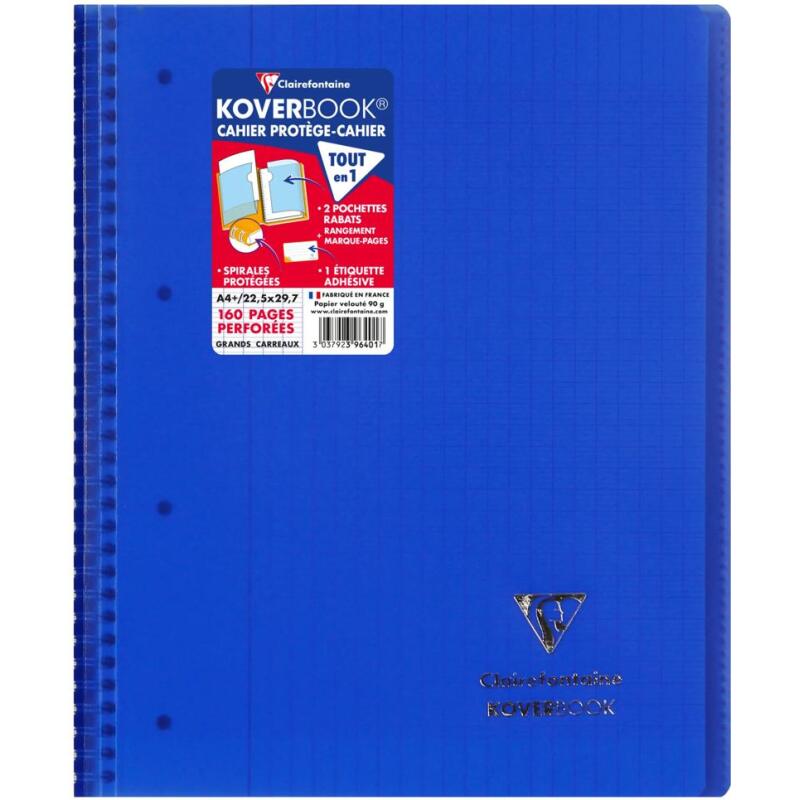 Cahier reliure intégrale enveloppante Koverbook A4+ 160 pages grands carreaux détachables perforé 4 trous couverture polypropylène t ransparent - Assortis