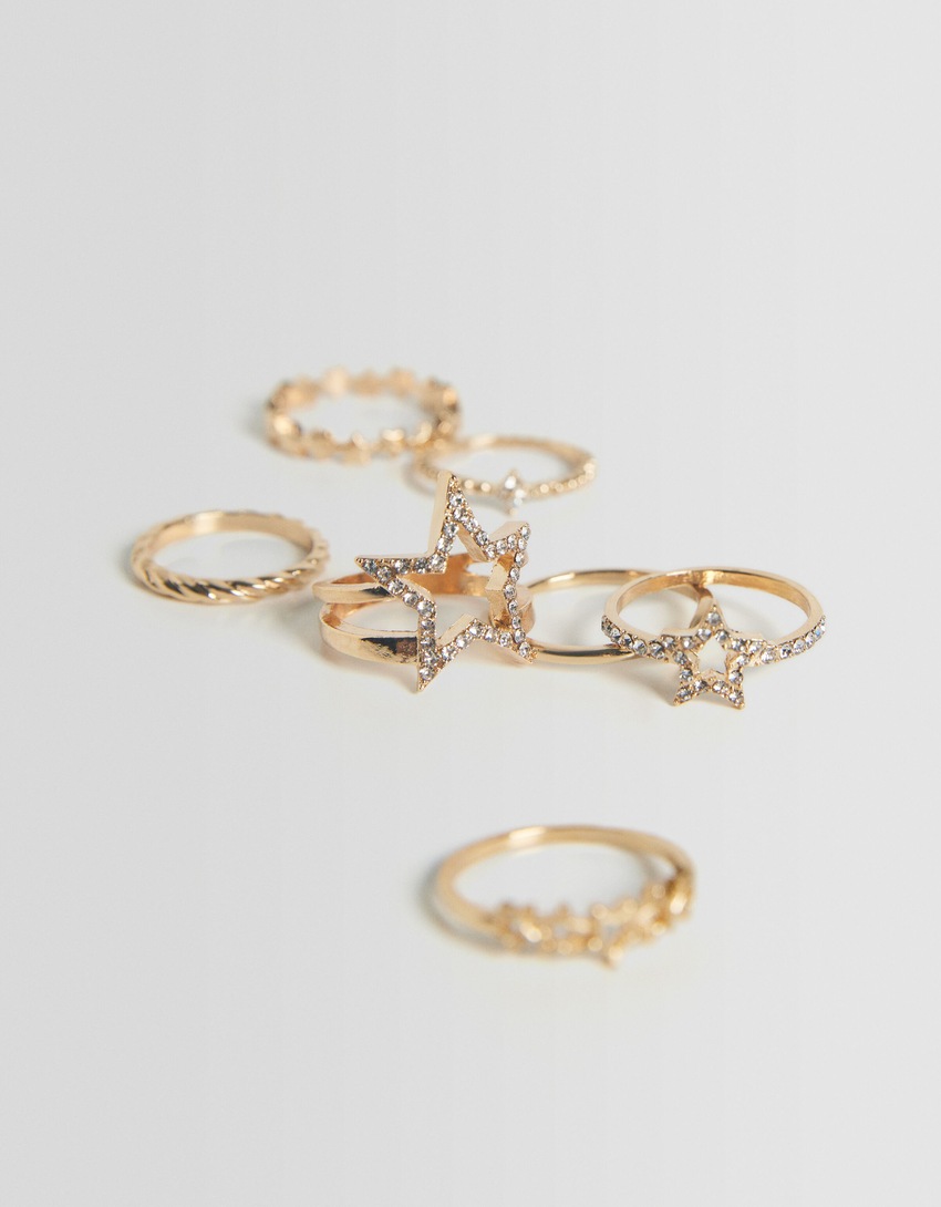 Conjunto de 7 anéis em forma de estrela com strass