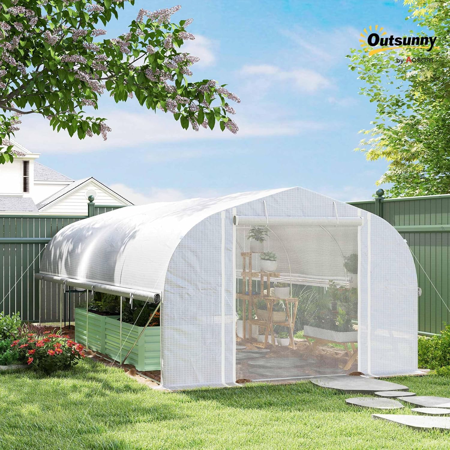 Outsunny Gewächshaus 6 x 3 x 2 m Foliengewächshaus mit 8 Fenster & Tür, Aufrollbar Seitenwänden, UV-beständiger Folientunnel Tomatenhaus mit verzinkten Stahlrahmen, Weiß