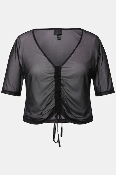 Mesh-Shirt, Slim, V-Ausschnitt, gekräuselter Halbarm