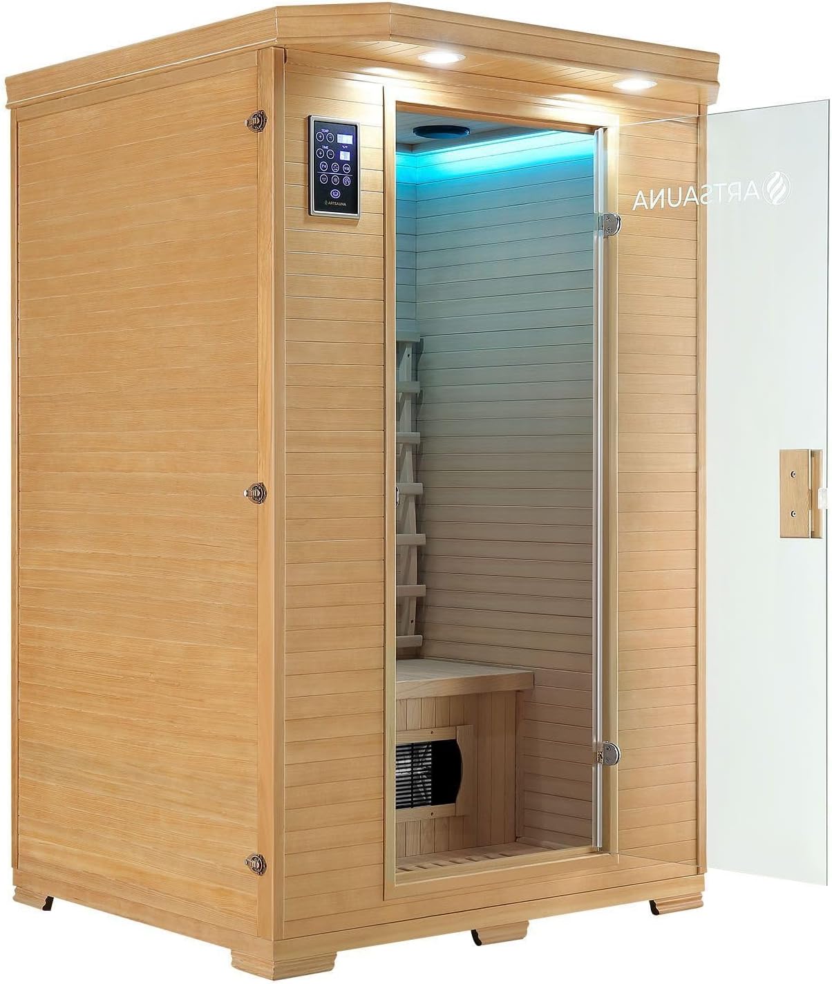 Artsauna Infrarotkabine Oslo - Wärmekabine mit Keramikstrahler & LED-Farblichttherapie für 2 Personen - Infrarotsauna 120x100 cm aus Hemlockholz