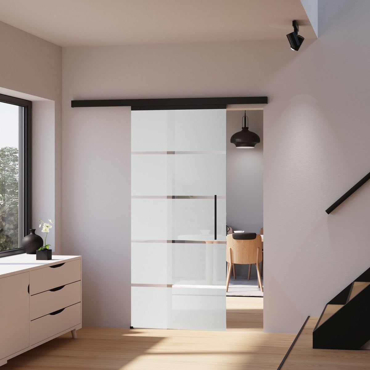 Schuifdeur van glas met blokstrepen, 900x2035 mm, binnendeur, glazen schuifdeur, glazen deur met zwart beslag - greeplijst + 2-zijdige softclose