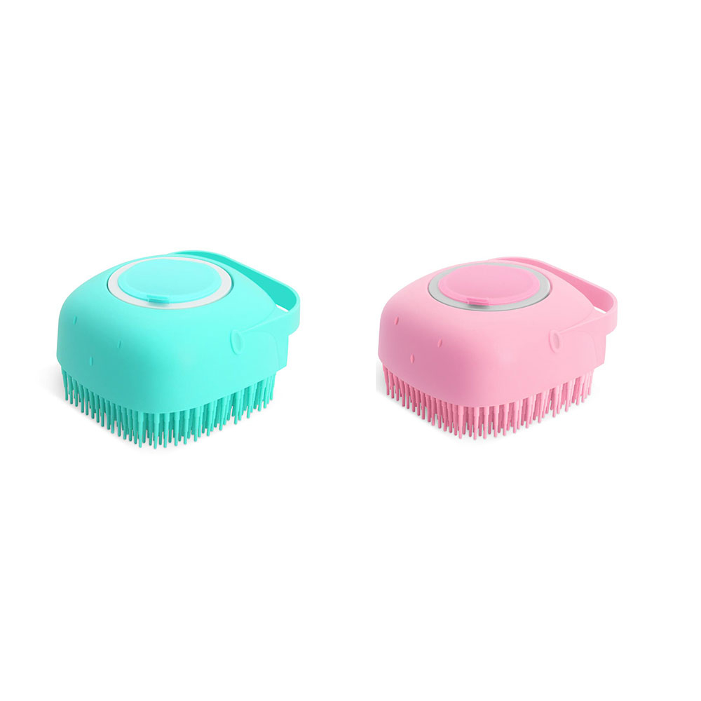(2er Set) 2in1 Haustier Pflege Massage Bürste mit Shampoo Spender Fellbürste   Handschlaufe - Grün / Rosa
