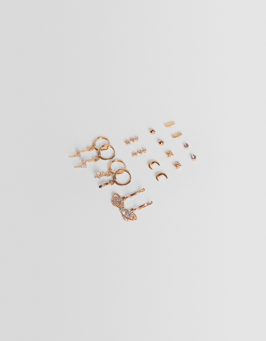 Conjunto de 9 brincos de planeta com estrelas e listras de strass