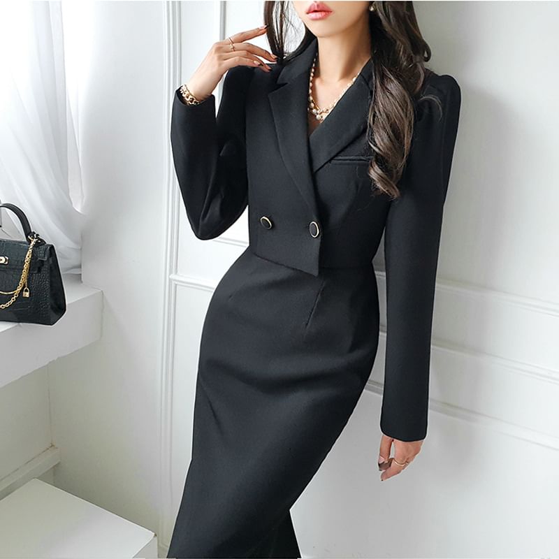 Yolandus - Notch Lapel Mock Two-Piece Plain Double-Breasted Midi Sheath Blazer Dress