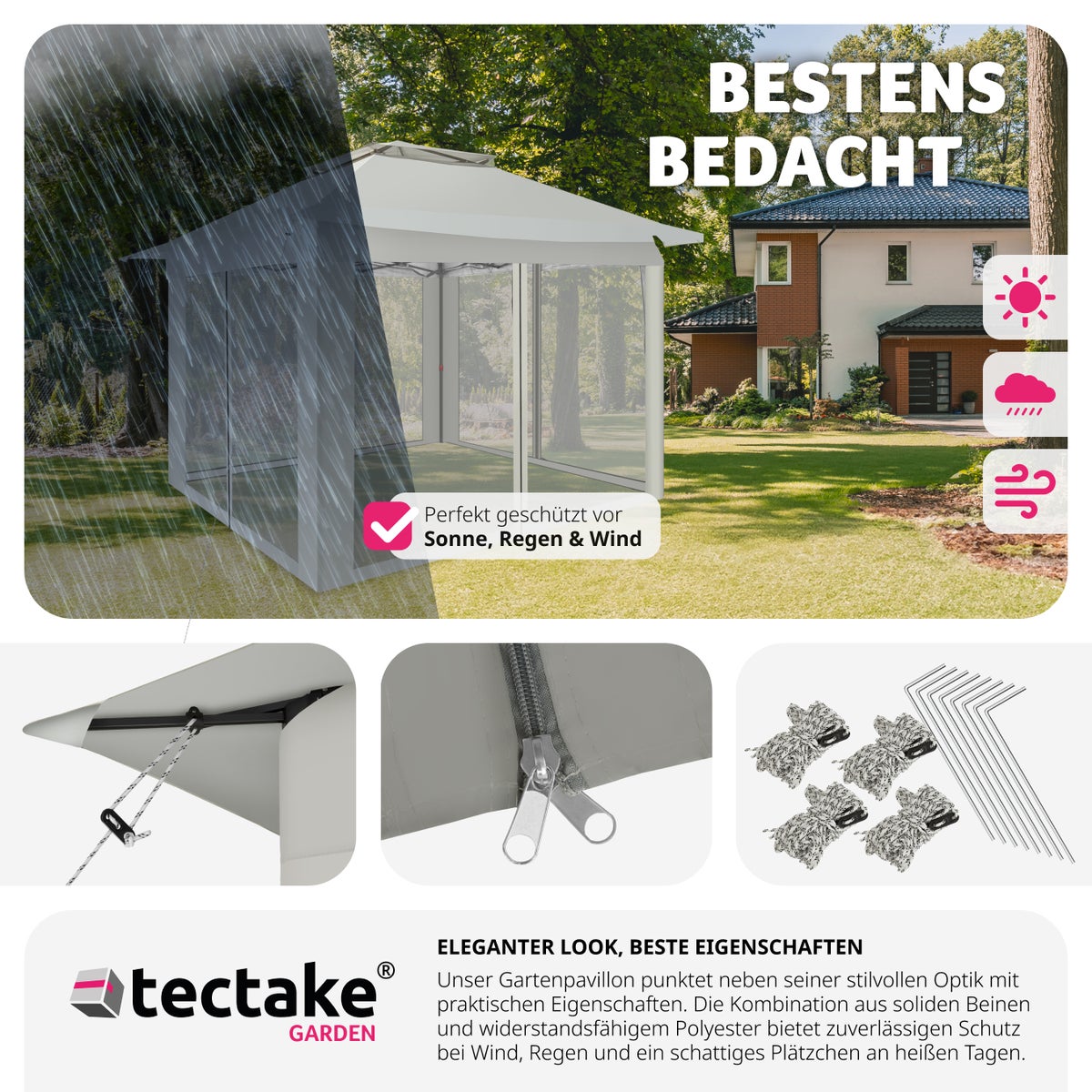Opvouwbaar paviljoen tectake Carabobo 3,64 x 3,64 x 2,94 m inclusief scheerlijnen, haringen en draagtas