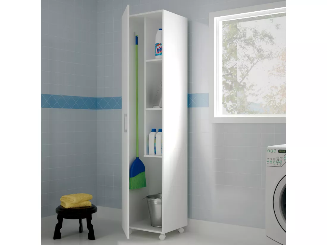 Armoire / placard de rangement avec 1 porte à roulettes coloris blanc - longueur 42 x profondeur 41 x hauteur 183 cm