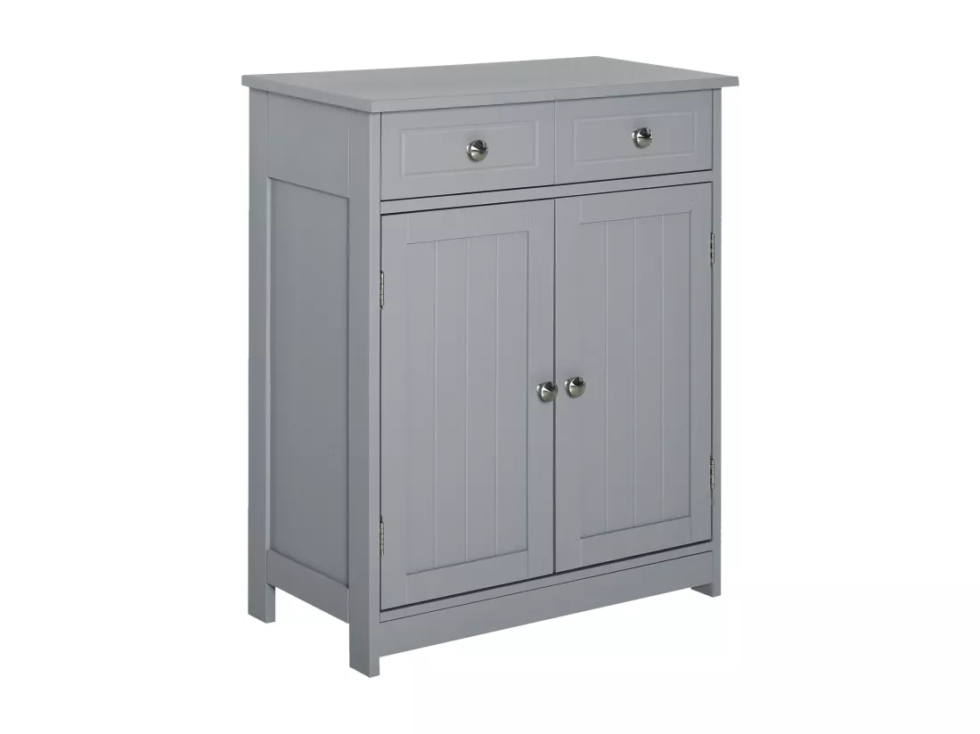 Meuble bas de salle de bain sur pied 2 portes avec étagère réglable 2 tiroirs poignées boutons métal MDF gris