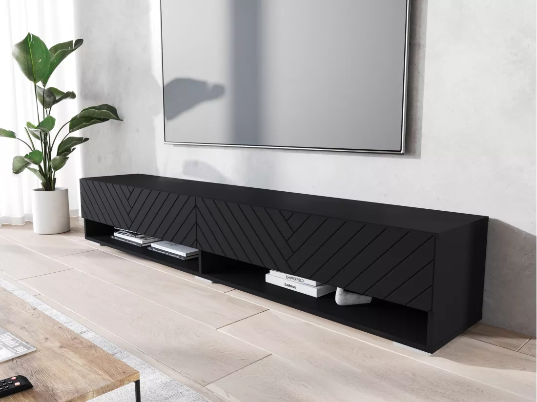 Meuble TV - 180 cm - noir graphite/noir à chevrons - avec LED - WANDER