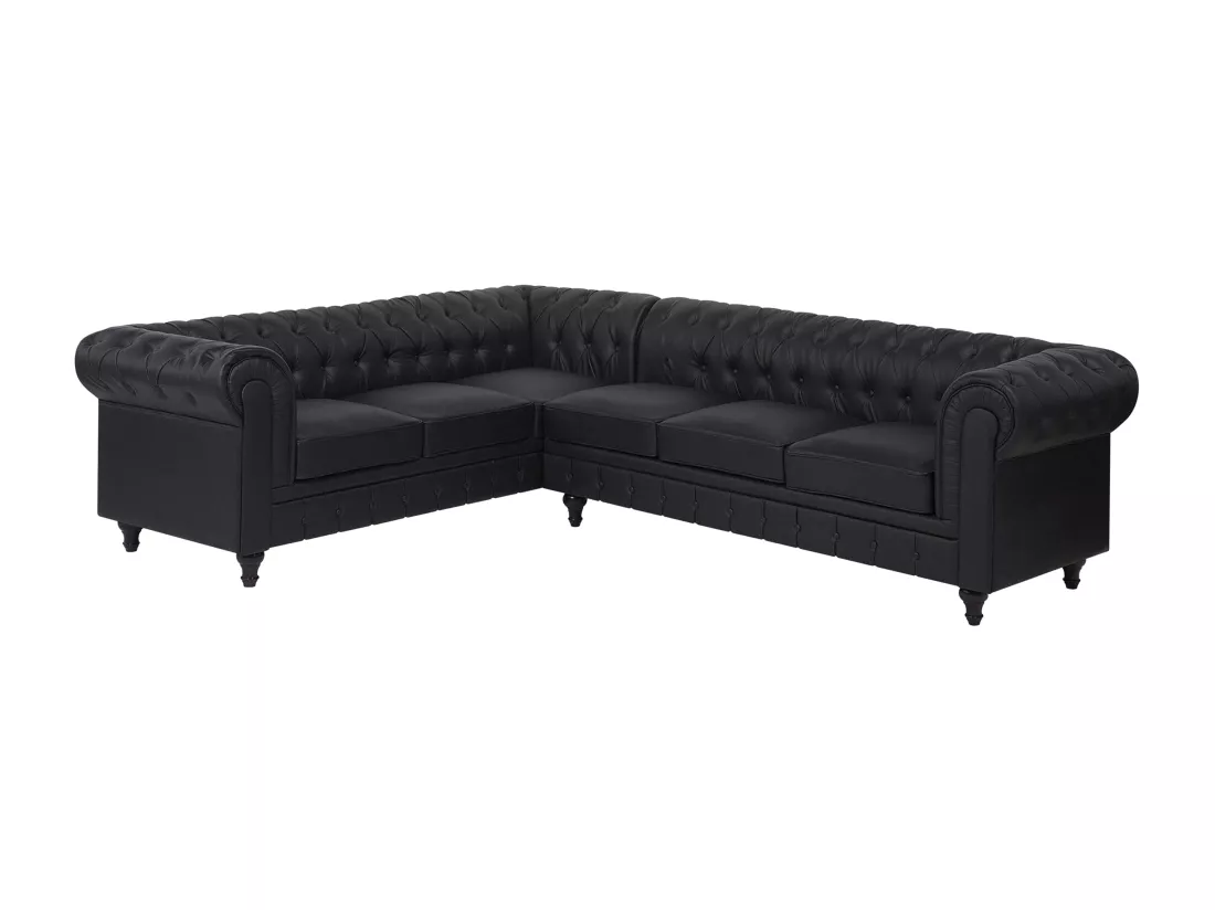 Canapé d'Angle à gauche en Cuir PU Noir Housse Amovible Assise Large Chesterfield