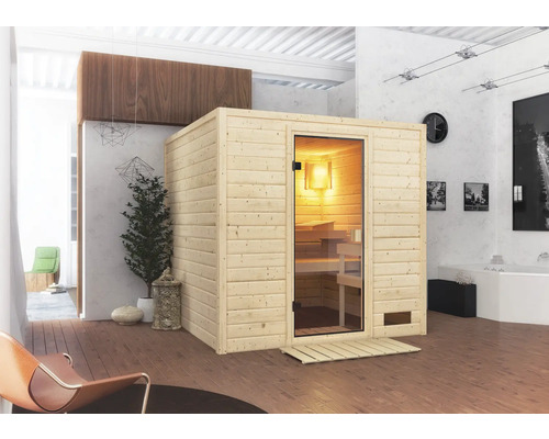 Karibu Jara blokhutsauna zonder kachel en dakrand, met gebronsde volledig glazen deur