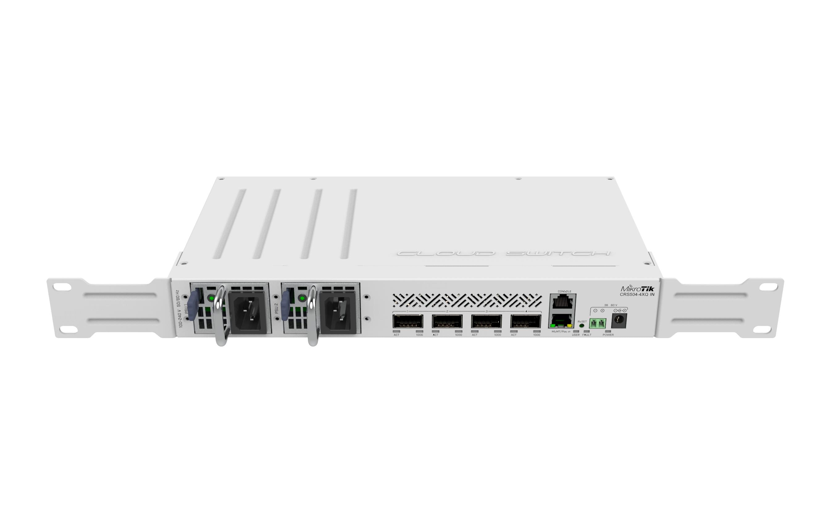 QSFP28 Switch CRS504-4XQ-IN 4 Port<br>Ihr kostengünstiger, kompakter und energieeffizienter Einstieg in die Welt der 100-Gigabit-Netzwerke. Dieser Switch ist der nächste Schritt bei der Aufrüstung bestehender 10- oder 25-Gigabit-Netzwerke. Mehrere St