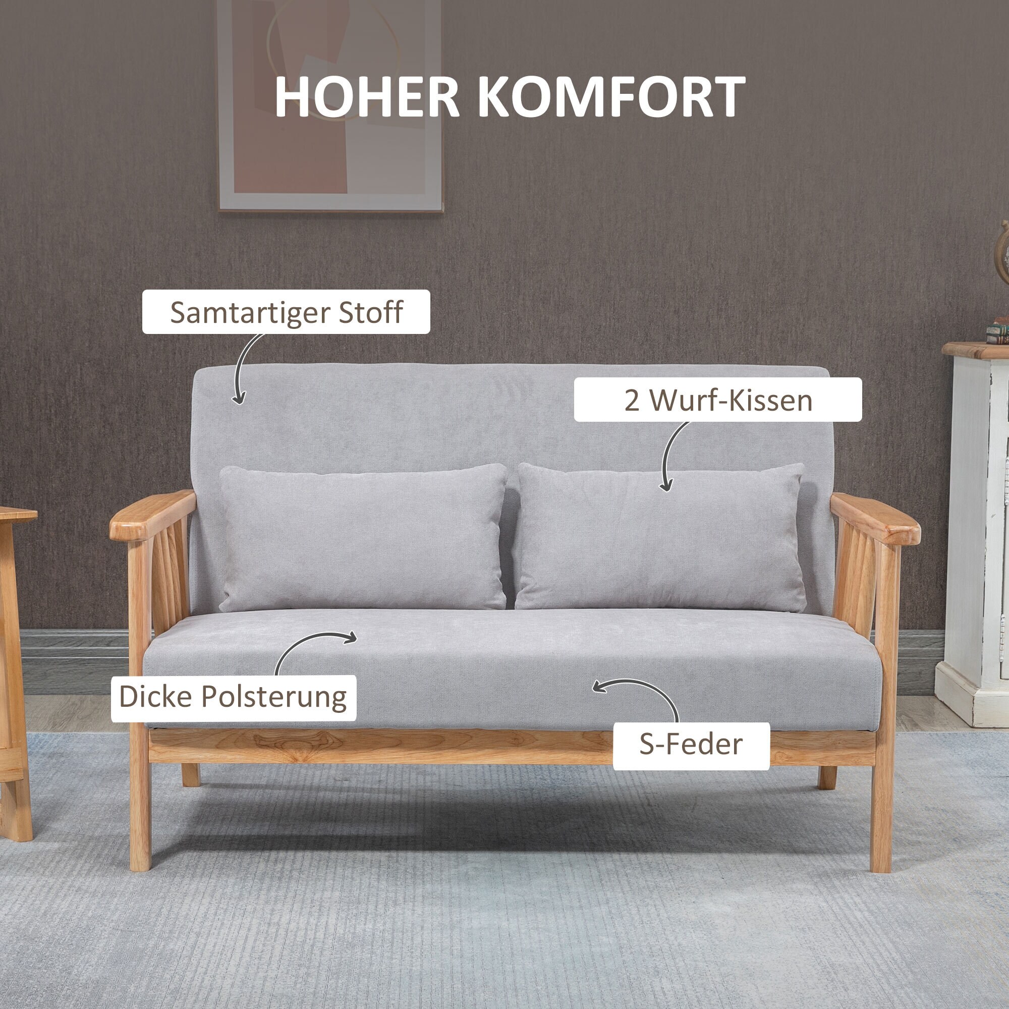 HOMCOM 2er Polstersitzbank mit 2 Zierkissen grau 130L x 75B x 78H cm