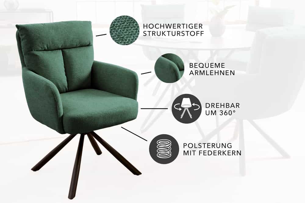Drehbarer Retro Stuhl BIG GEORGE grün mit Armlehnen und Taschenfederkernpolsterung