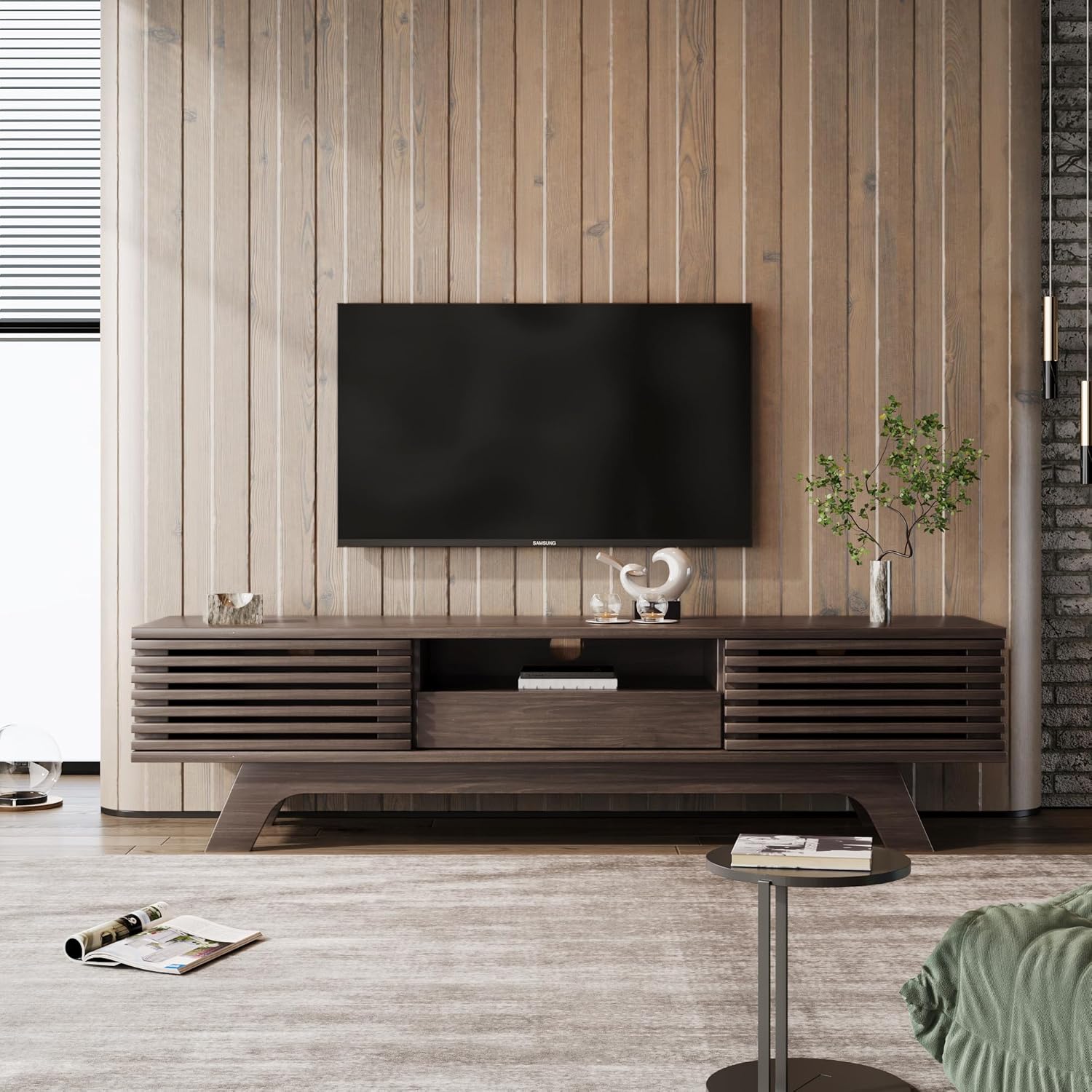 Merax TV Schrank, TV Lowboard mit 1 Schublade, 2 Türen, offenen Fächern und Kabeldurchführung, für Fernseher und Multimedia-Geräte, Holzfarbe, 150x35x44 cm