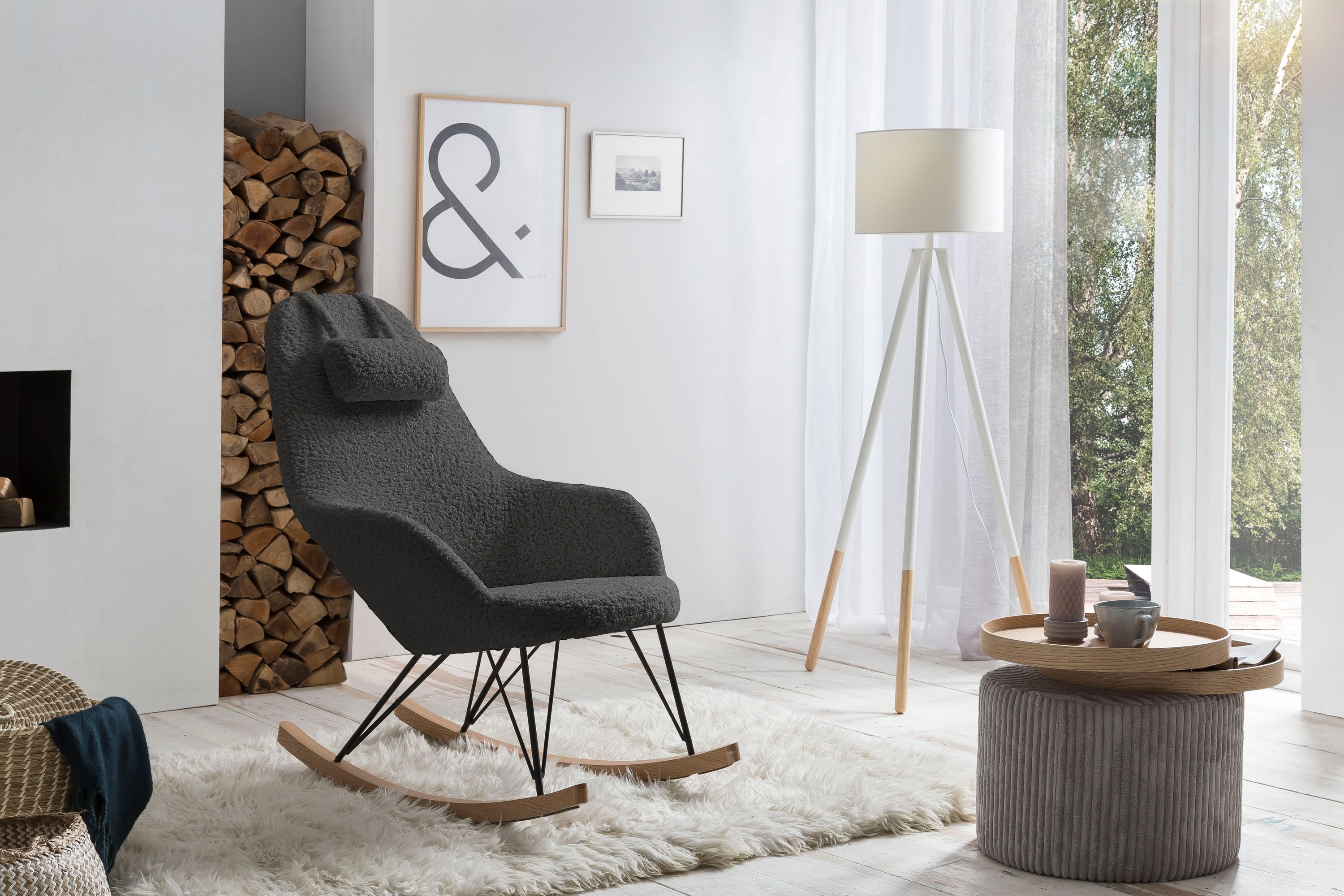 Schaukelstuhl Teddyfell grau Relaxsessel Polstersessel Ohrensessel Loungesessel