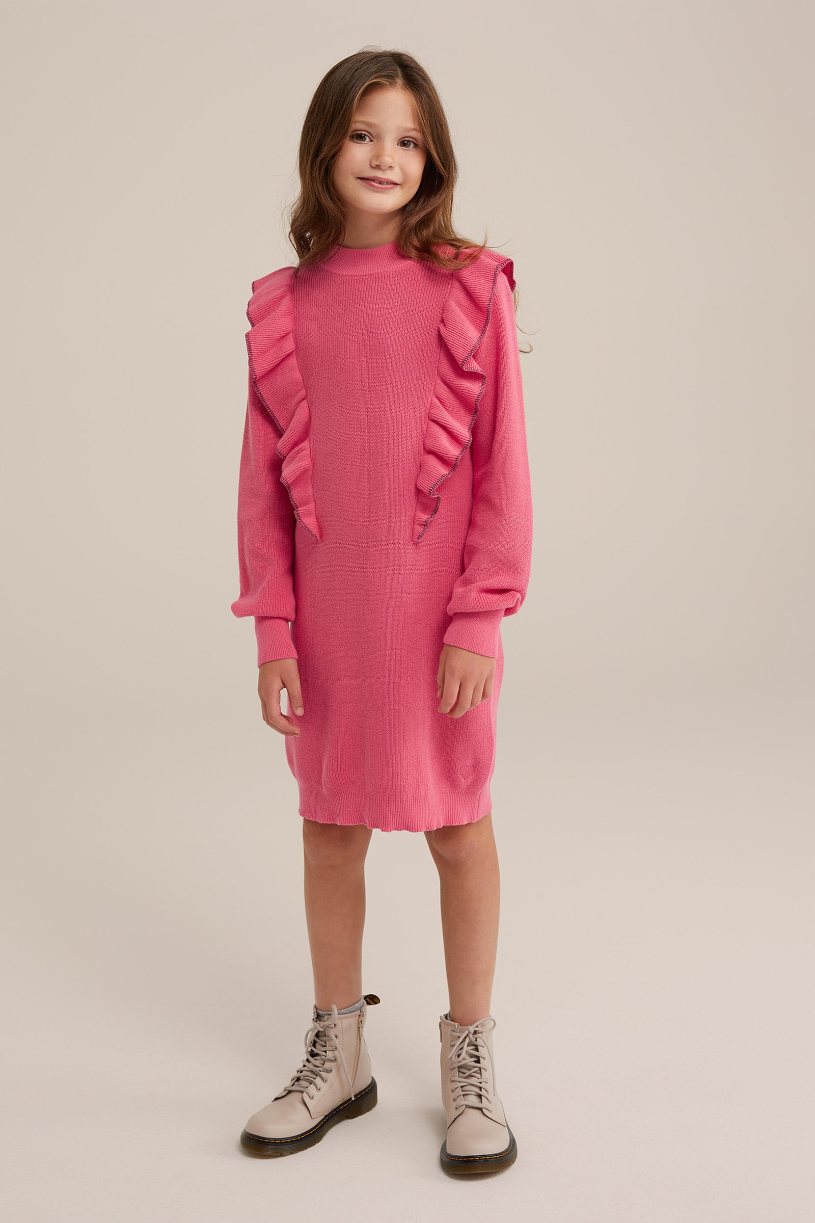 Meisjes gebreide jurk met ruches WE Fashion Roze