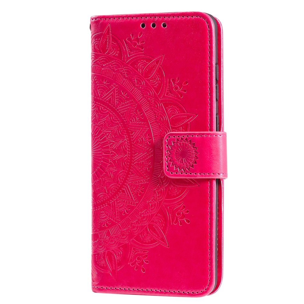 Samsung Galaxy S21 FE 5G Leder Tasche Wallet - Mandala Flowers Imprint - Rot / Pink