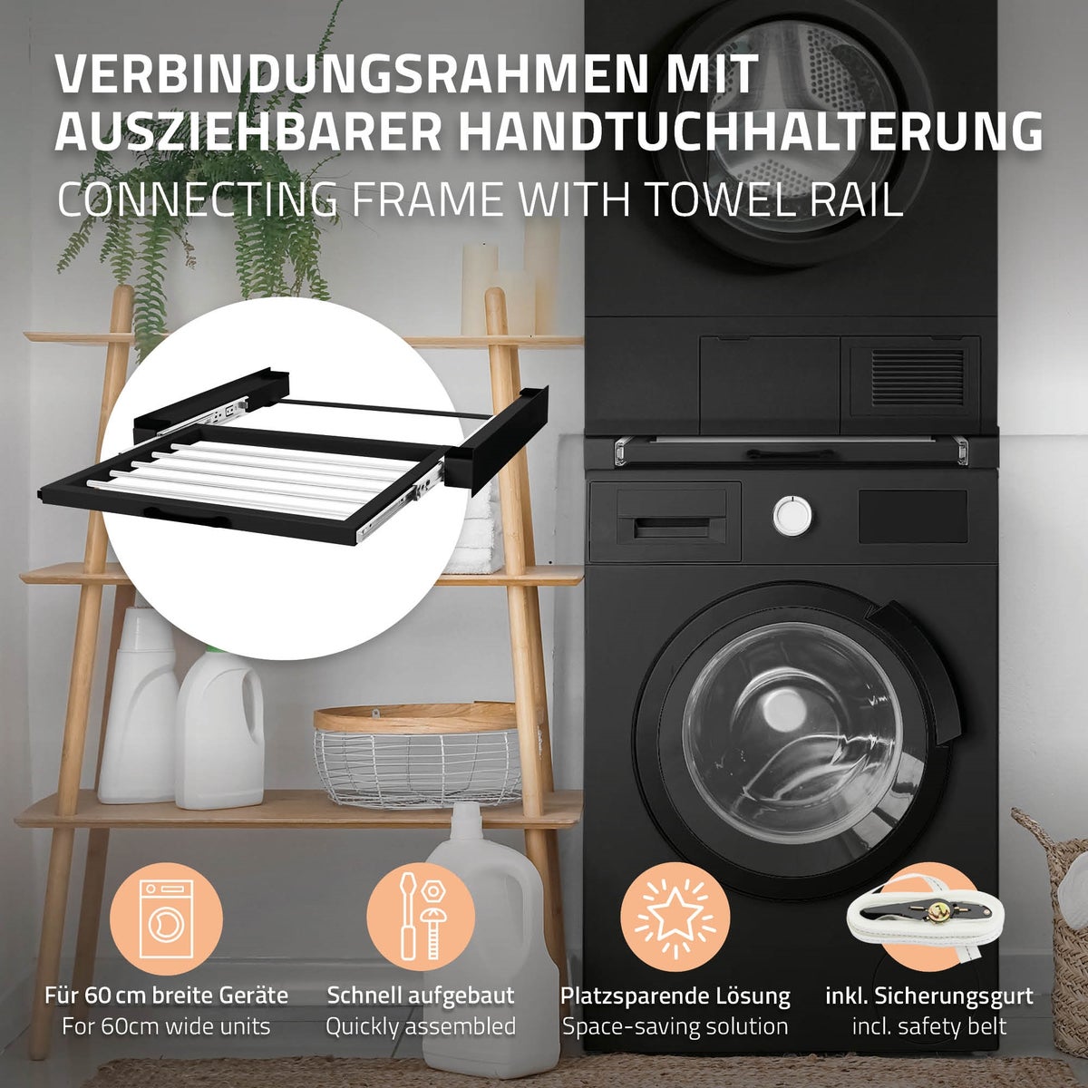 ML-Design Stapelframe met waslijn, staal, 60,5 x 54,5 cm, zwart, verbindingsframe voor wasmachine/droger, stapelkit met uitschuifbare handdoekhouder, drogerkolom, universeel stapelframe