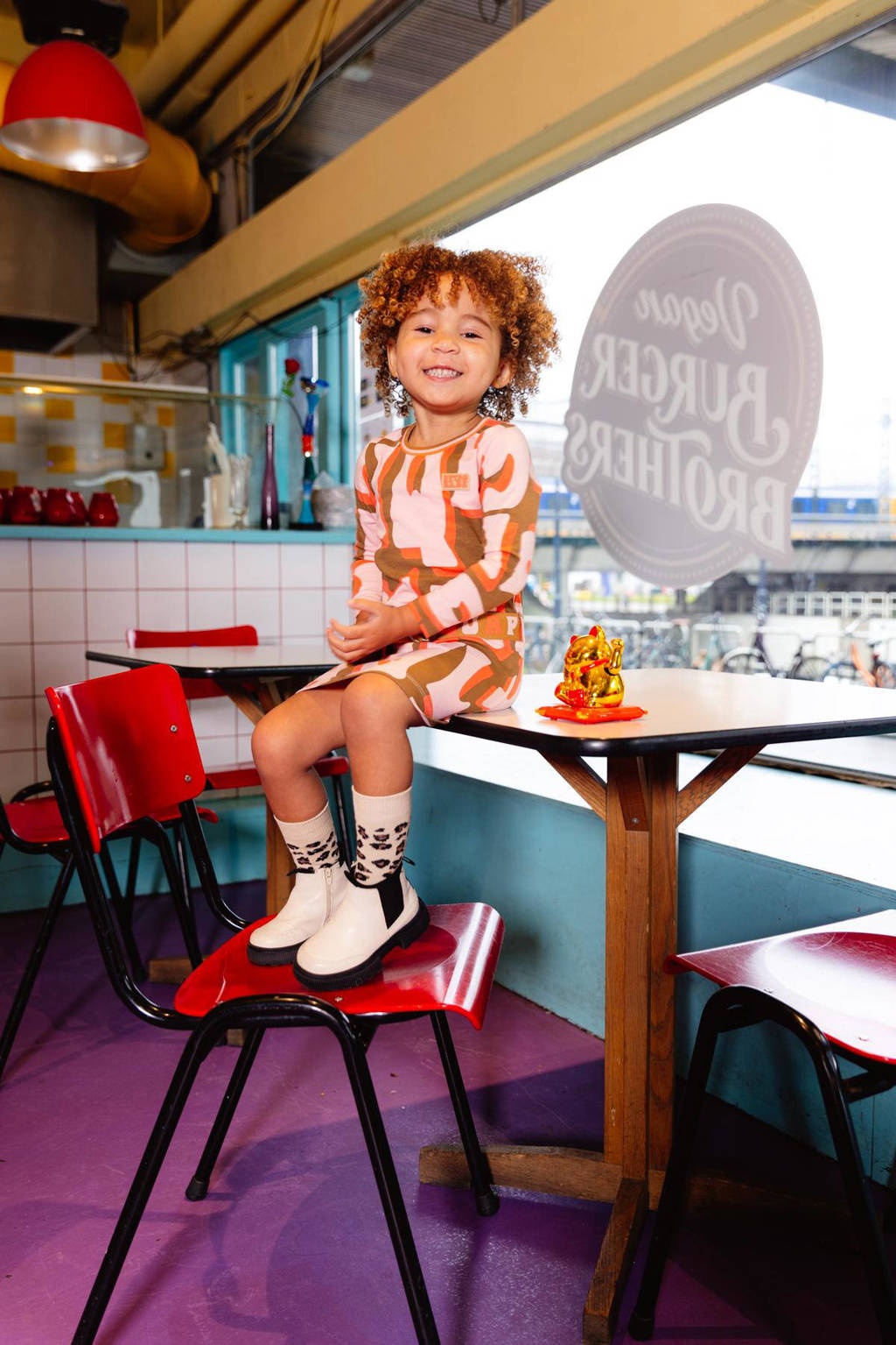 Quapi jurk met all over print bruin/oranje/roze