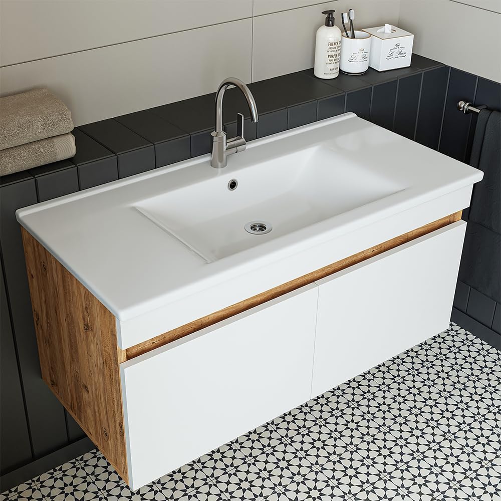 • Badmöbel Set • Atria • 65 cm, 85 cm, 100 cm • Weiß • Waschbecken mit Unterschrank (Weiß Eiche, 100 cm)