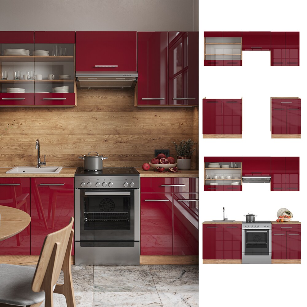 Vicco Küchenzeile Küchenblock Einbauküche Fame-Line Eiche Bordeaux Rot 200 cm modern Küchen Schränke Schubunterschrank Spülenunterschrank Hängeschrank Hängeglasschrank Hochglanz