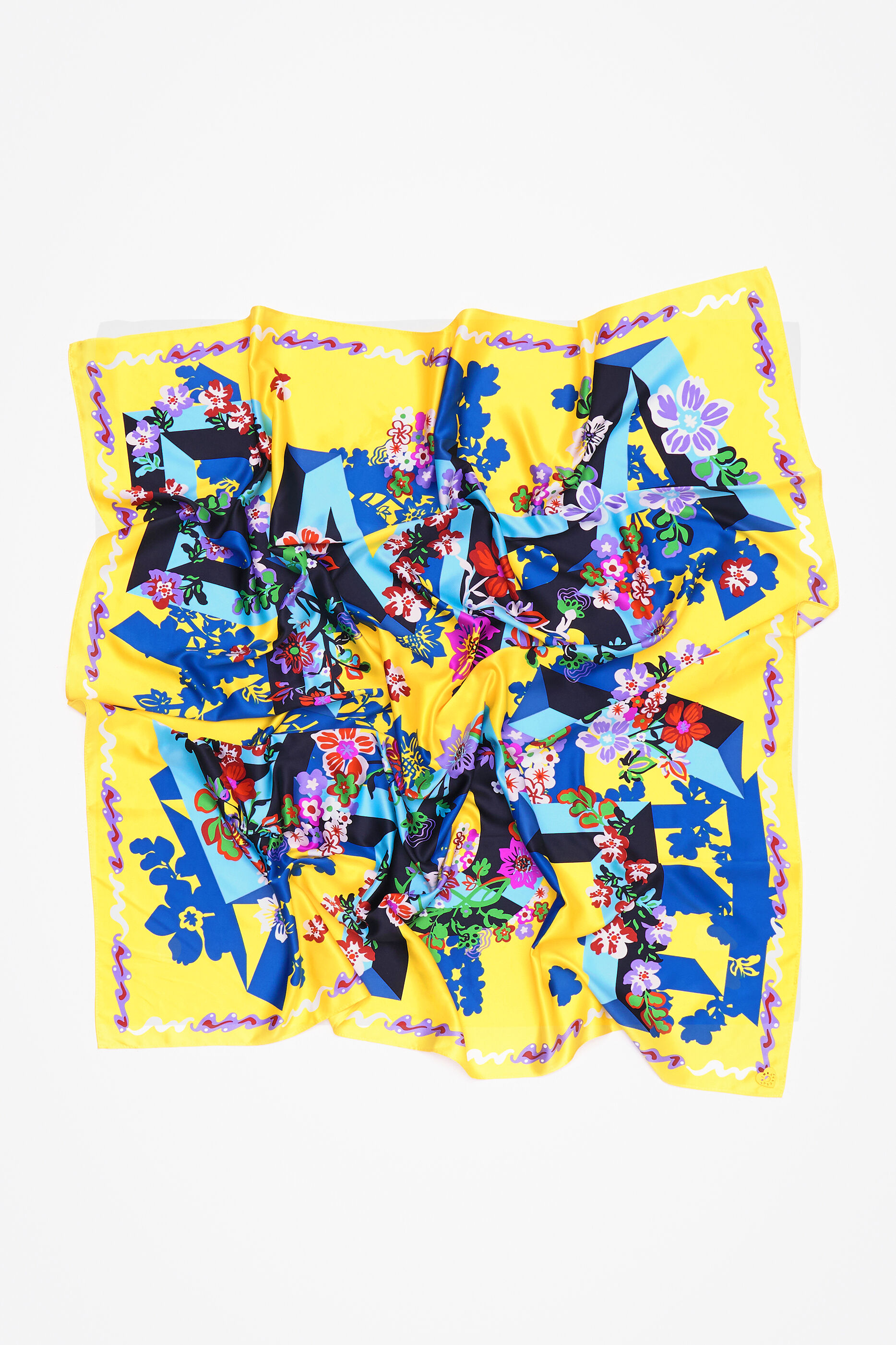 Lenço floral com logotipo geométrico amarelo