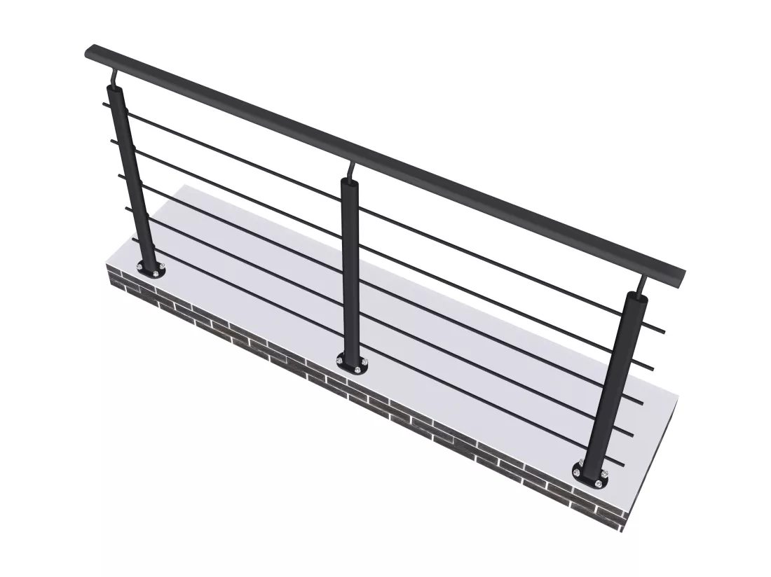 Garde-corps - Aluminium Noir - 200cm - Avec 5 traverses et 1 main courante - Pour intérieur et extérieur - Fixation à plat