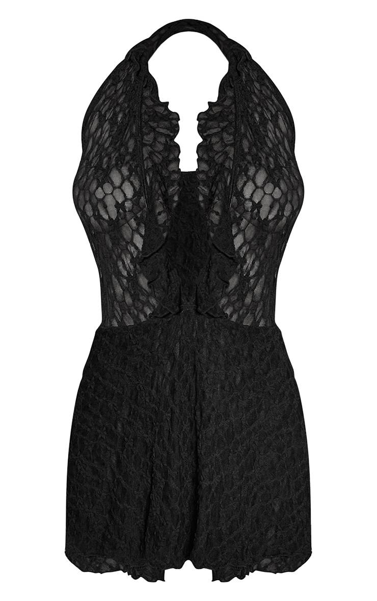 Noir Combi-short Plongeant En Dentelle Texturée Avec Volant