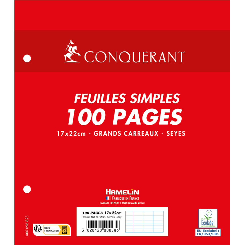 Feuilles Simples Conquerant 7 Perforees 170X220 Film 100P 90G Seyes