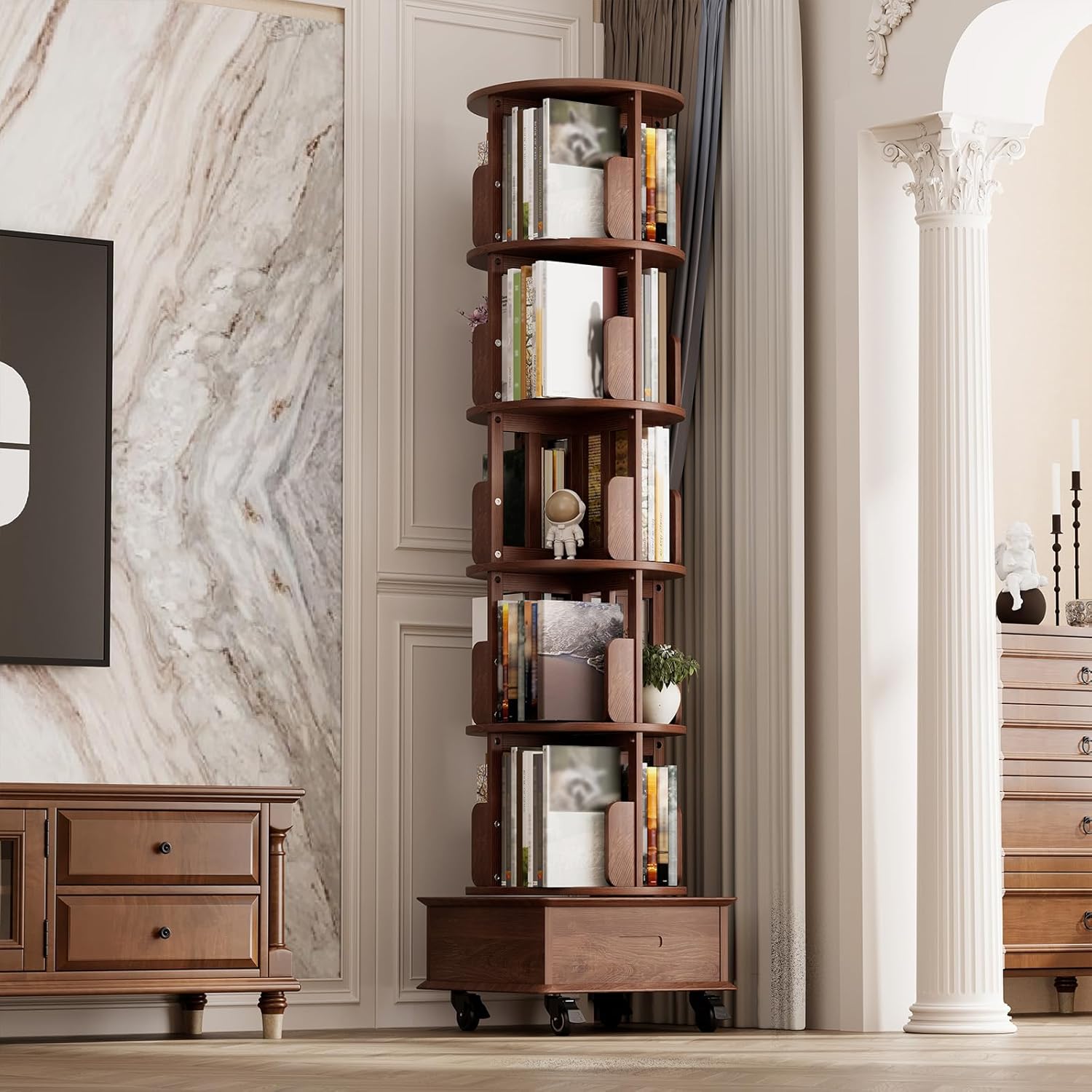 Drehbares Bücherregal aus Massivholz mit 1 Schublade, Rollende Bücherregale auf Rädern, Platzsparendes Drehendes Bücherschrank Turm für Wohnzimmer, Schlafzimmer, 185 x 47,5 x 47,5 cm, Walnuß