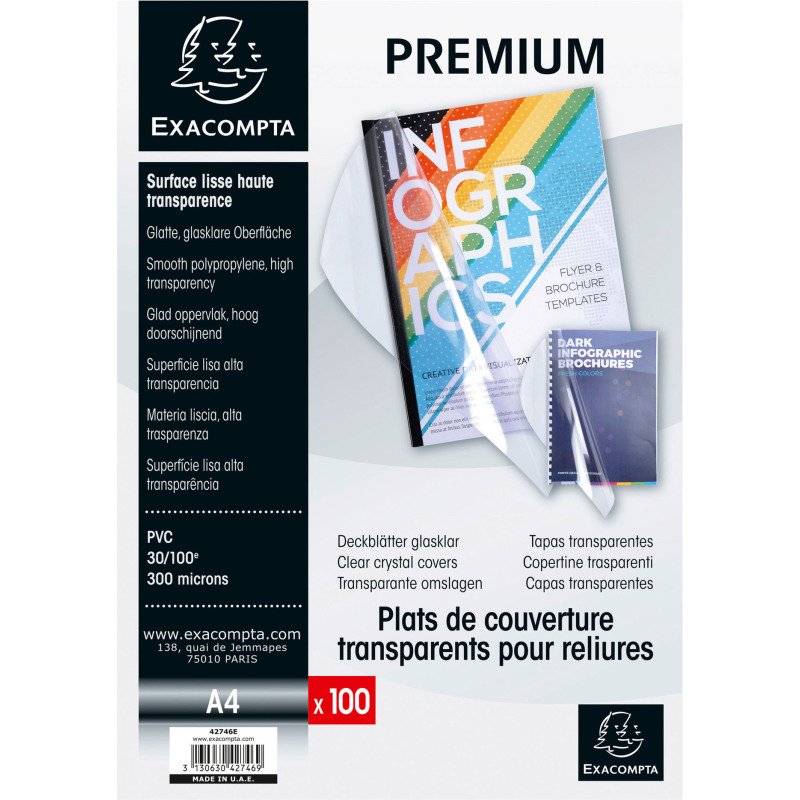Couverture de reliure EXACOMPTA PVC 30/100 transparent incolore - Paquet de 100