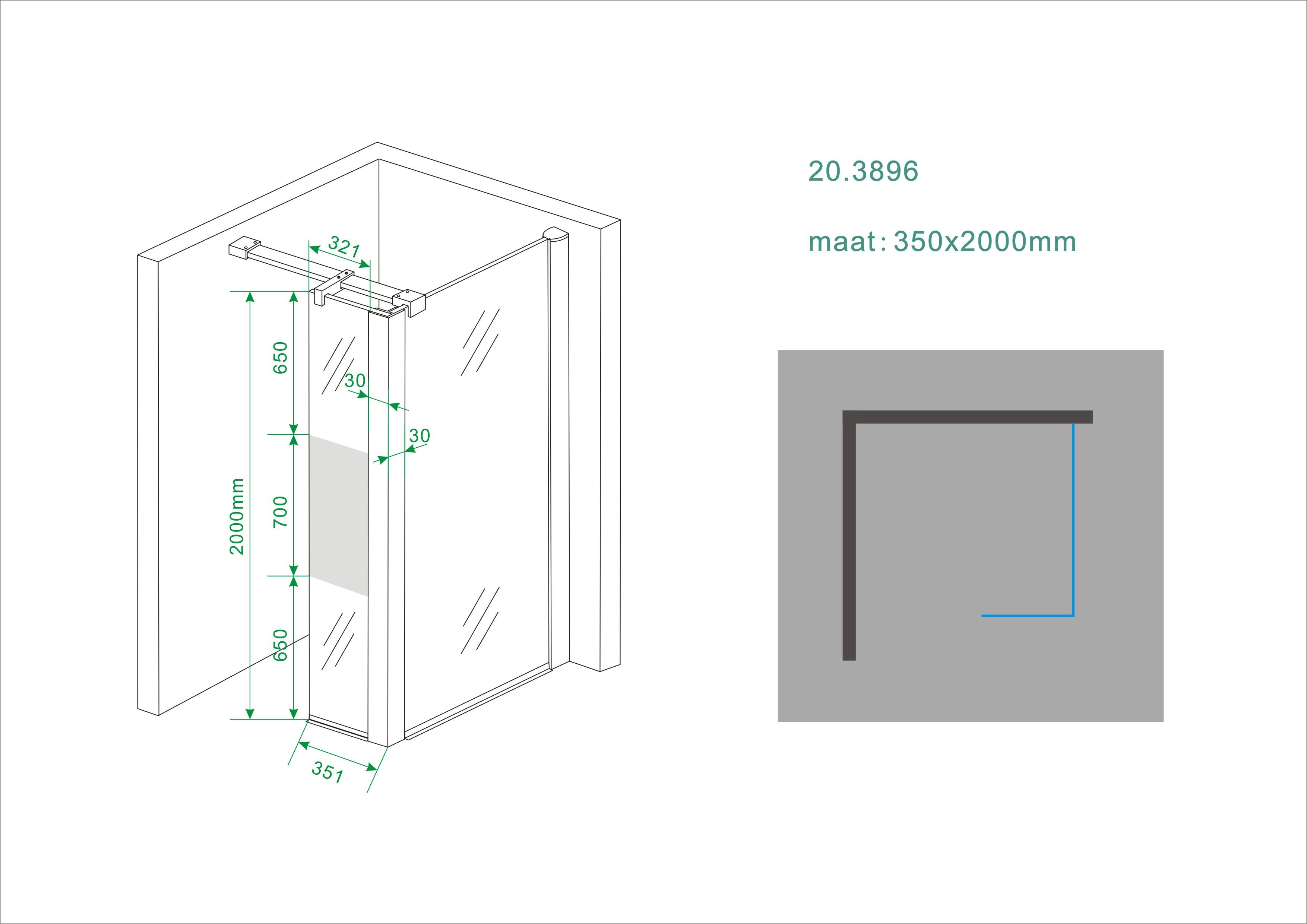 Mueller Satijn hoek douchewand met matglas 35x200cm