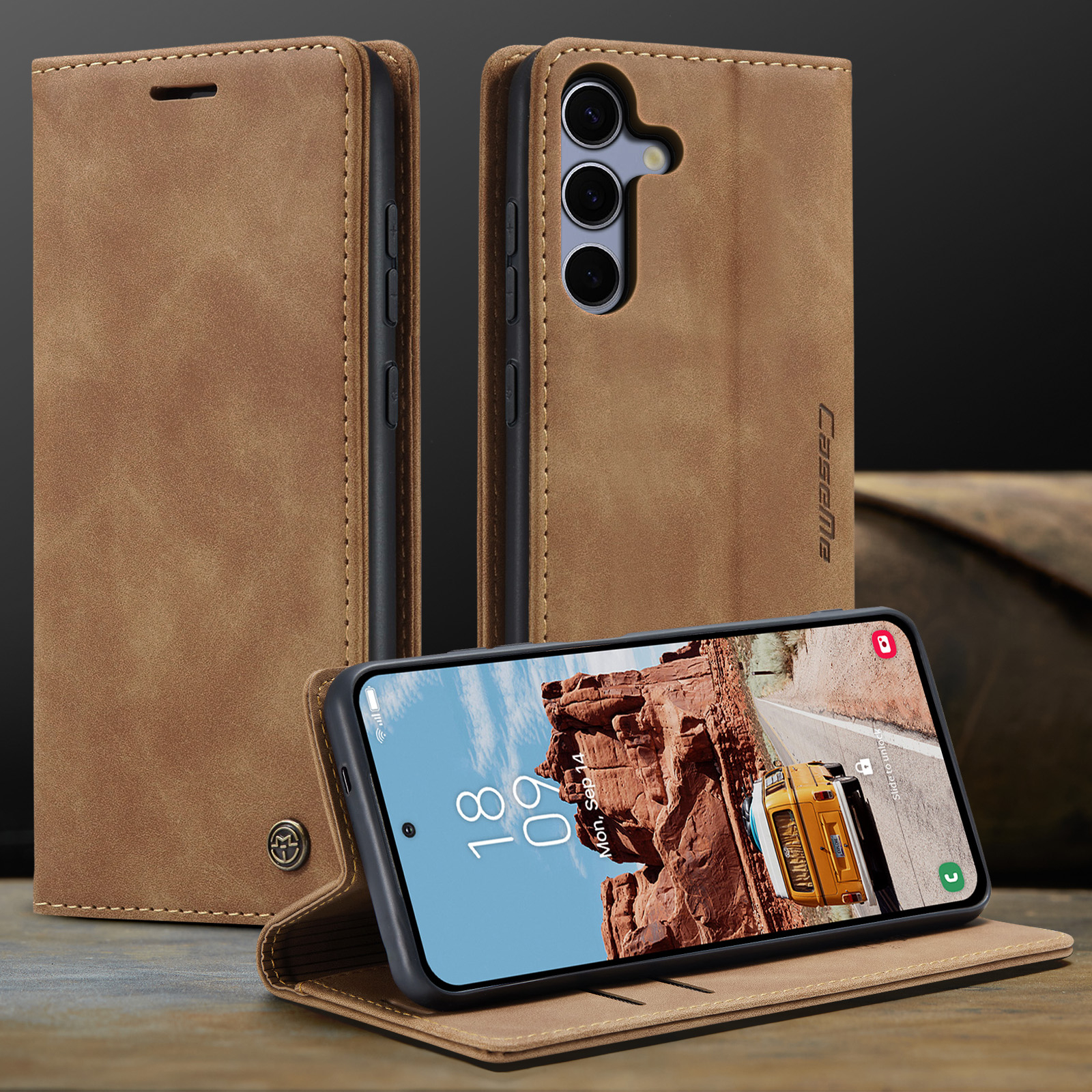 Samsung Galaxy S25 FE Leder Tasche Flip Wallet Etui mit Kartenfächern - Hellbraun