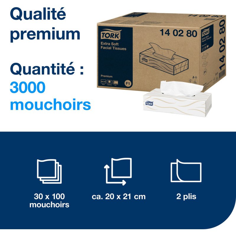 Tork Mouchoirs doux blancs F1, Premium, 2 plis, 100 feuilles