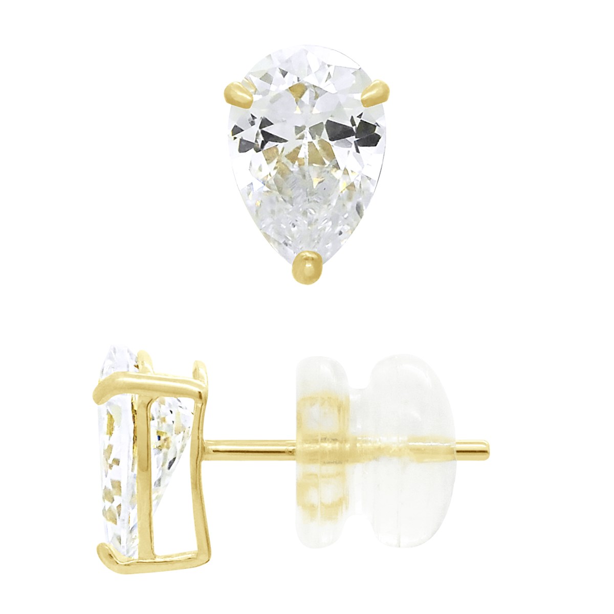 Boucles d'Oreilles Puces - Orné d'un Oxyde de Zirconium Blanc forme Poires - Or Jaune