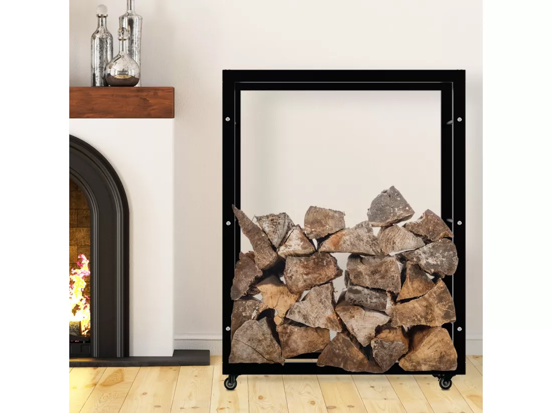 Etagère bois de cheminée - Métal - 25x80x100 cm - Noir - Keri