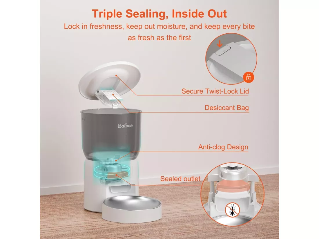 Balimo Dick 3L Distributeur Croquettes Chat Automatique,Minuterie Programmable/Fonction Enregistrement,avec Bol en Inox,Jusqu'à 6 Repas/Jour (Blanc)
