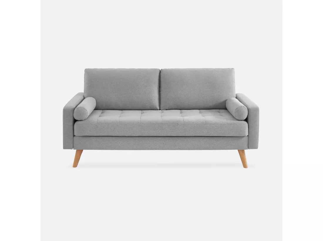 Canapé en tissu gris clair. 3 places scandinave fixe. droit. pieds bois