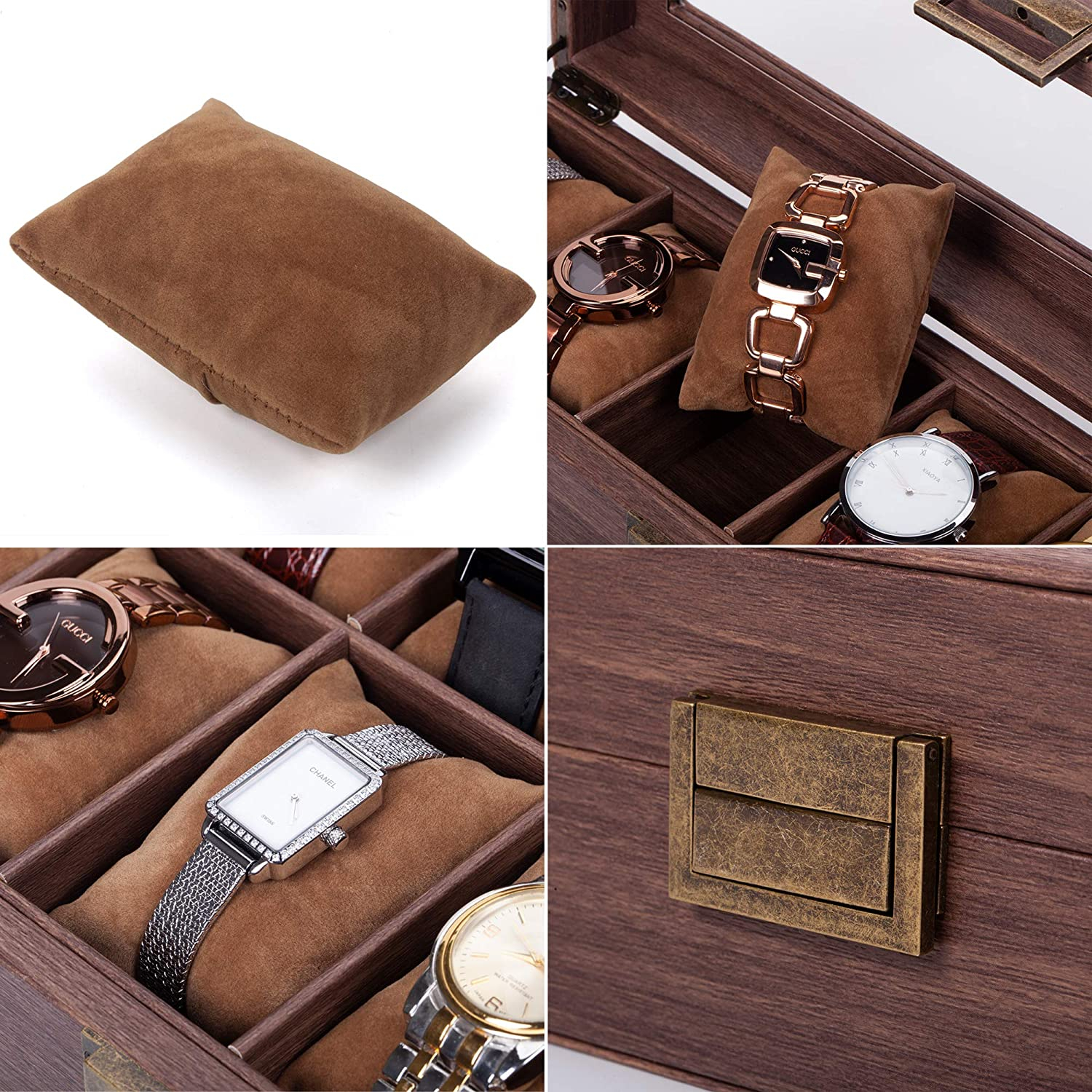 (6 Slots) Uhrenbox Schmuckschatulle Organizer mit Glasdeckel Holz Optik - Braun