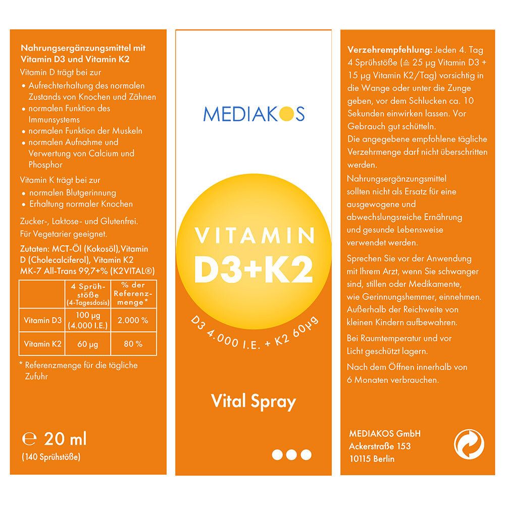 MEDIAKOS Vitamin D3 + K2 I.E. 60 µg Vital Spray