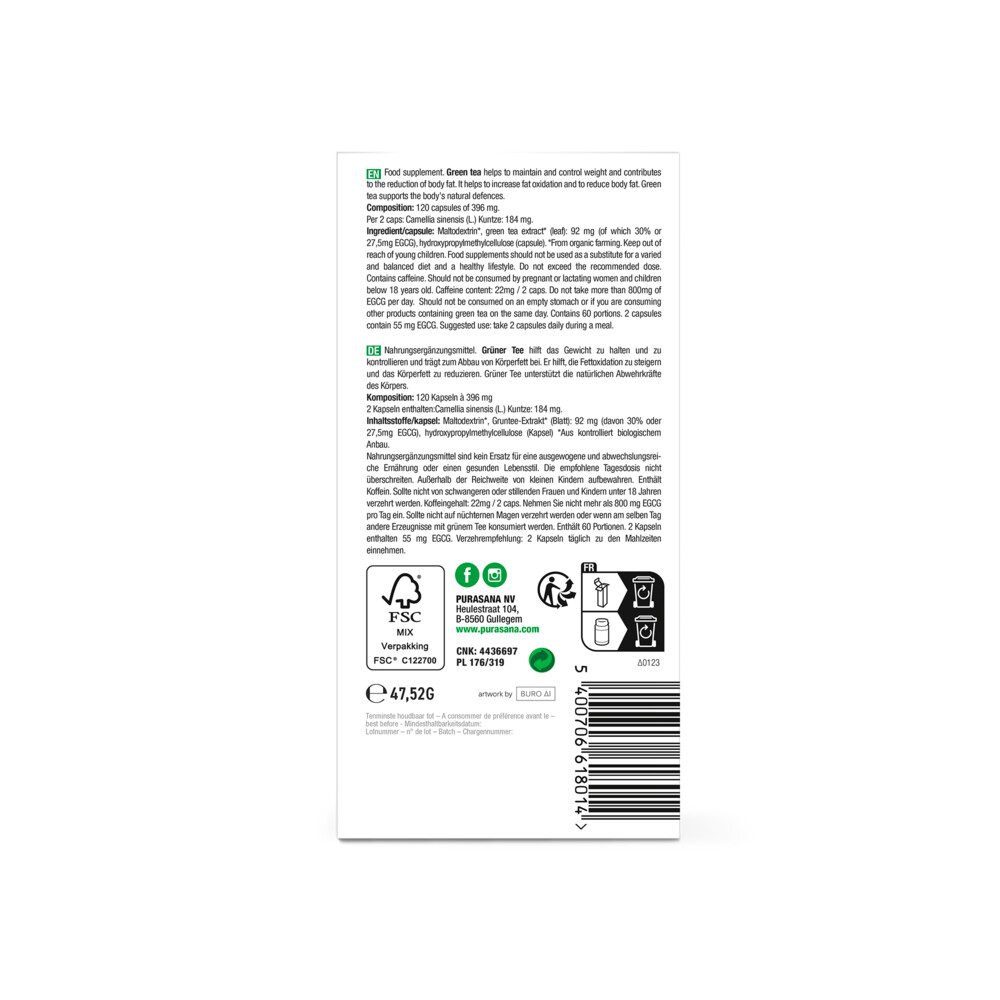 Purasana Single Plants Powders Groene Thee Extract Bio120 capsules